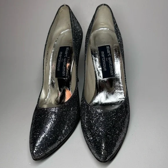 Stuart Weitzman Heels Pointed Toe Pumps Sparkle Glitter Bridal Glam Leather 8.5B - Picture 3 of 12